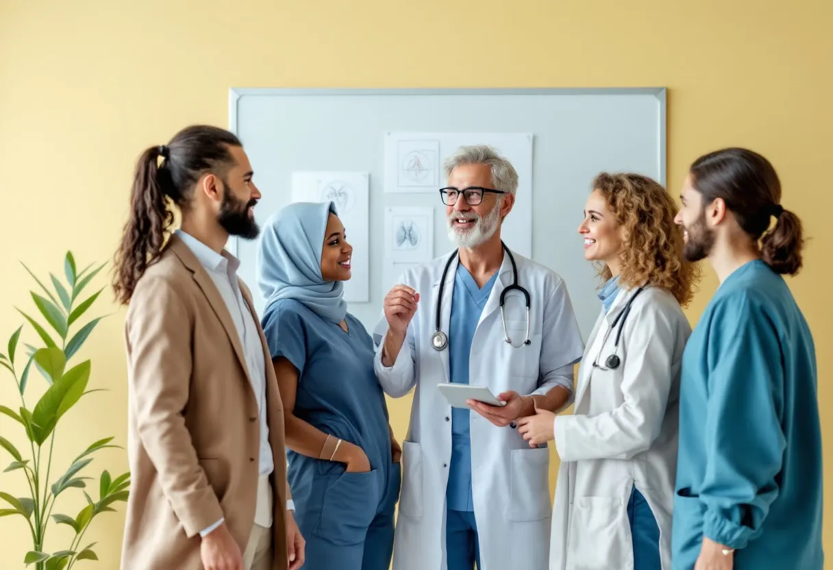 Five colleagues in lab coats, scrubs and casual jackets standing in a circle, smiling as one of them speaks.