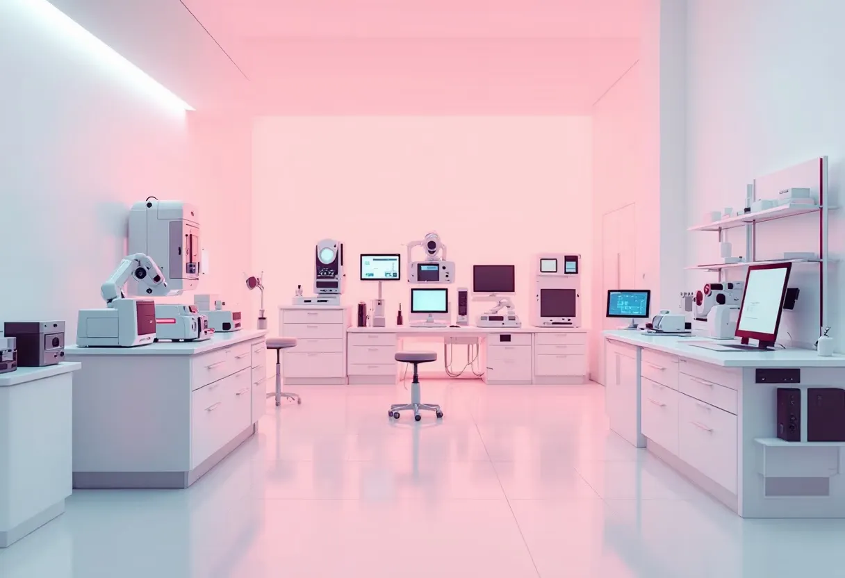 A bright, empty laboratory with benches, instruments and monitors under soft pink light.