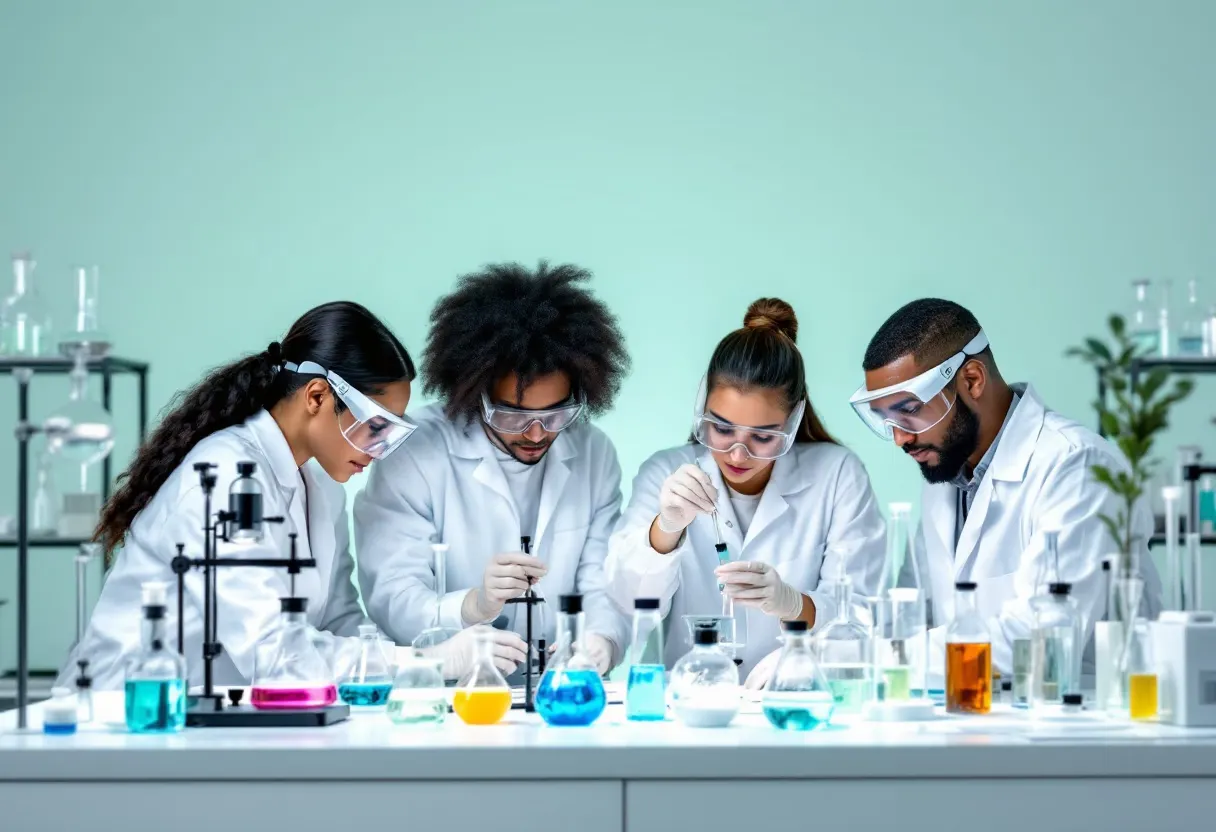 Four researchers in white coats and safety glasses working together at a bench lined with colourful flasks.