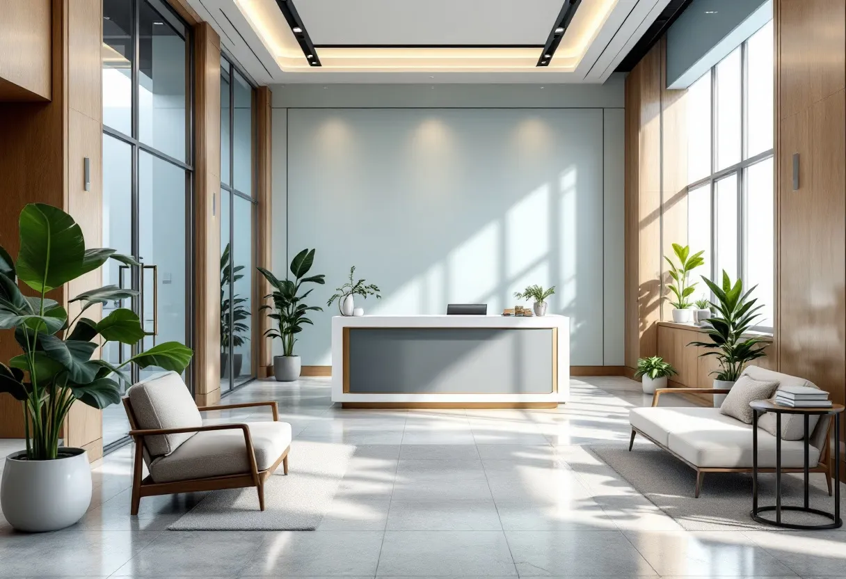 A sunlit office lobby with a reception desk, potted plants and lounge seating.