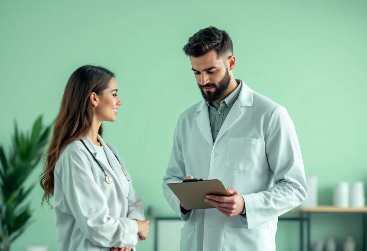 Two scientists in lab coats talking, one holding a clipboard.