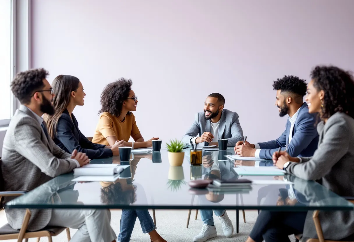 Seven colleagues in conversation around a glass meeting table, with coffee cups and a small plant.