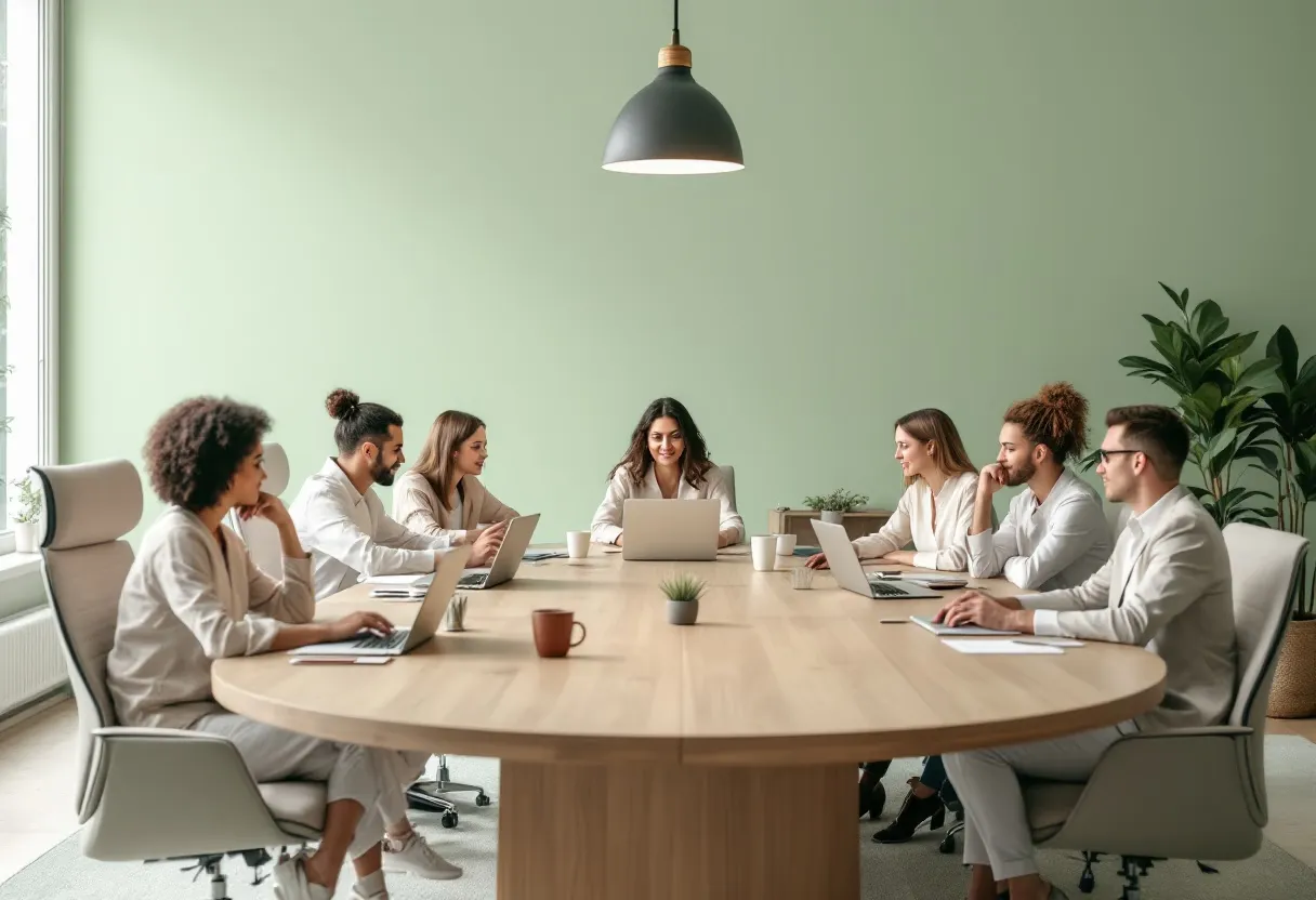 Eight colleagues seated around a round wooden table with laptops in a bright meeting room.
