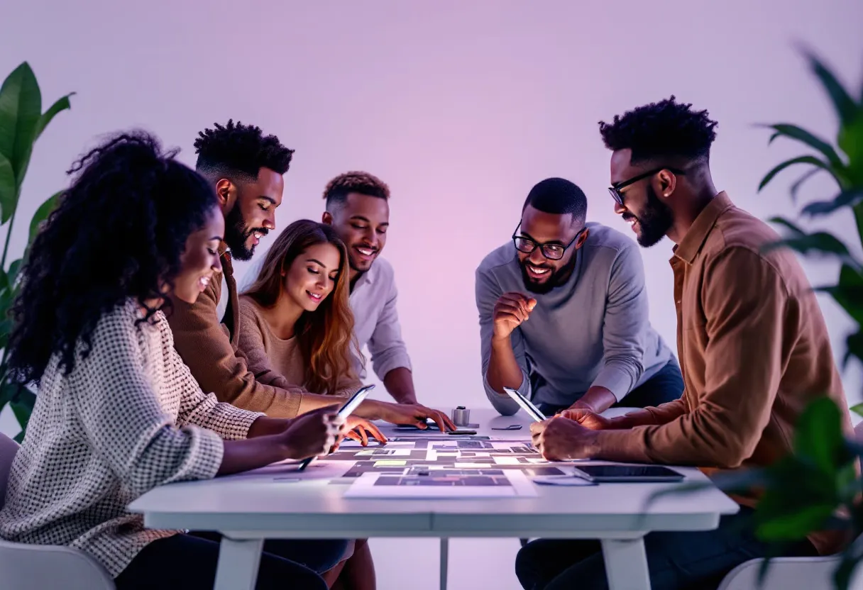 Six people gathered around a white table, smiling as they look over a large printed plan.